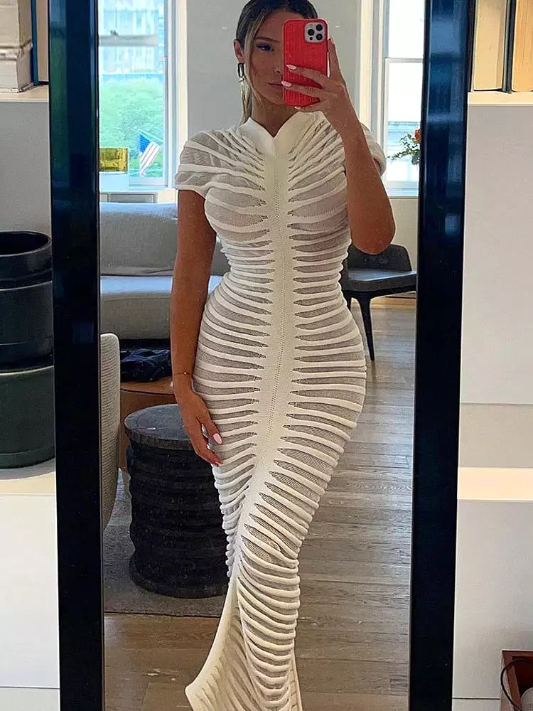 Ashore Shop Knit Women Shorts Sleeve Dress Elegant Striped See Through Bodycon Dresses