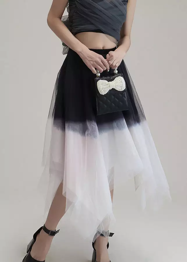 Chic Pink Gradient Color Asymmetrical High Waist Tulle Skirt Summer AB1032