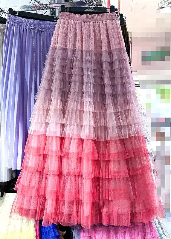 Chic Rose Gradient Color Wrinkled Elastic Waist Tulle Skirt Summer AS1043