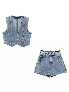 Chic Streetwear Denim Y2K Women Suit Fashion 2023 Summer V Neck Slim Sleeveless Vest High Street Zip Cool Mini Shorts