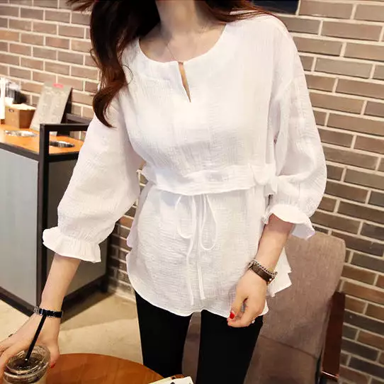 Cotton and Linen Waist Top Small Fresh Shirt for Women