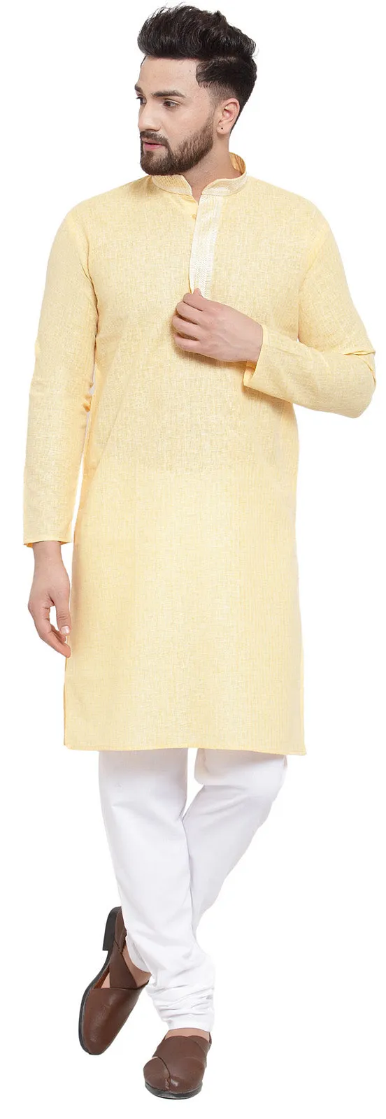 Cotton Self Design Men's Kurta Pajama Evening Wear Self Design (Yellow)