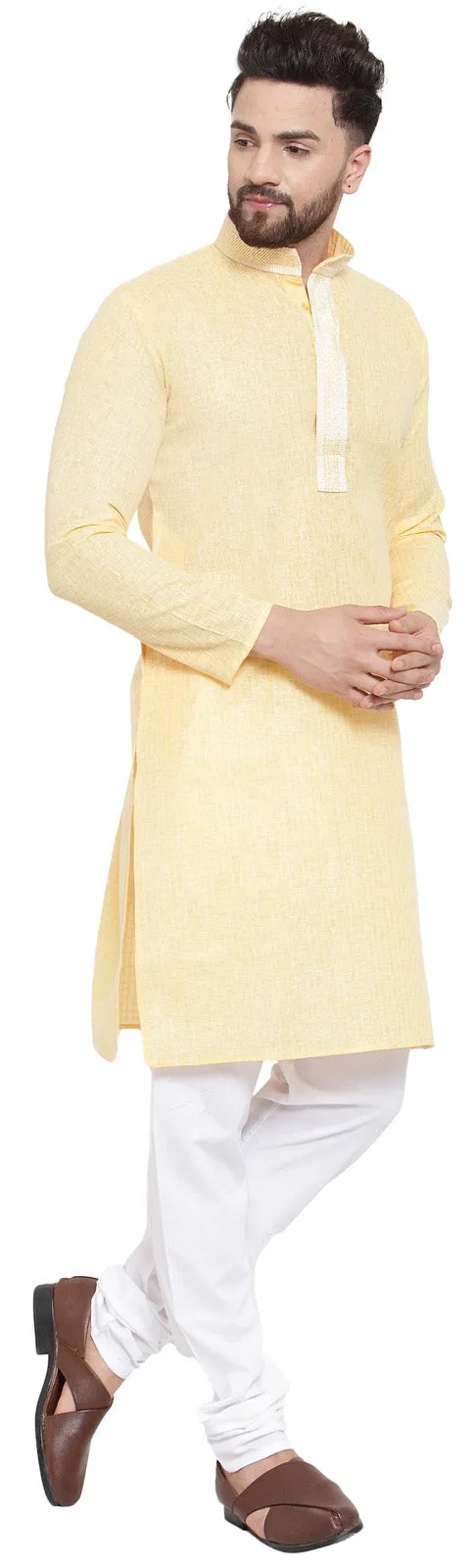 Cotton Self Design Men's Kurta Pajama Evening Wear Self Design (Yellow)