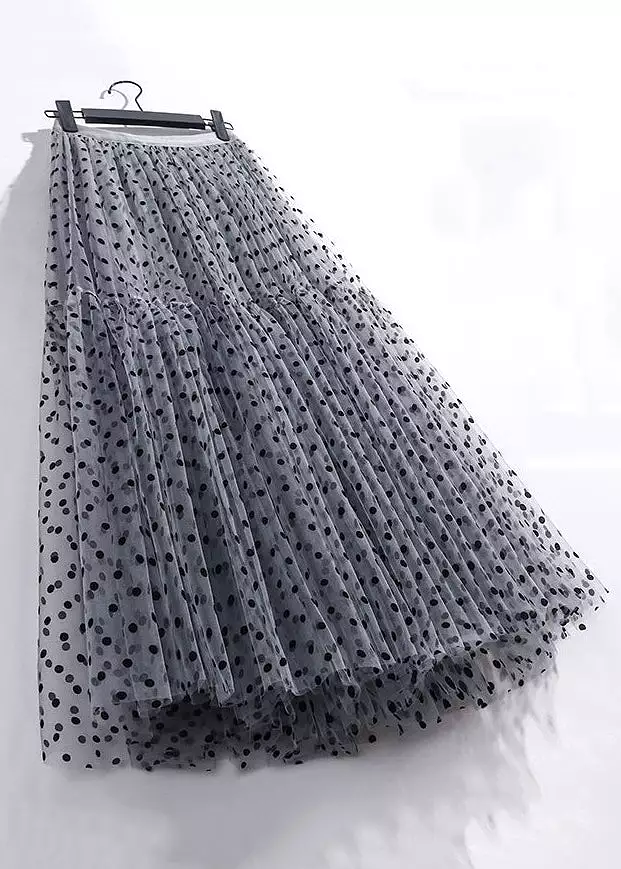 Dark Gray Dot Pleated Tulle Skirt High Waist Summer AS1045