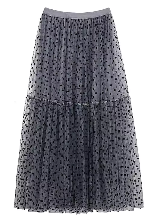 Dark Gray Dot Pleated Tulle Skirt High Waist Summer AS1045