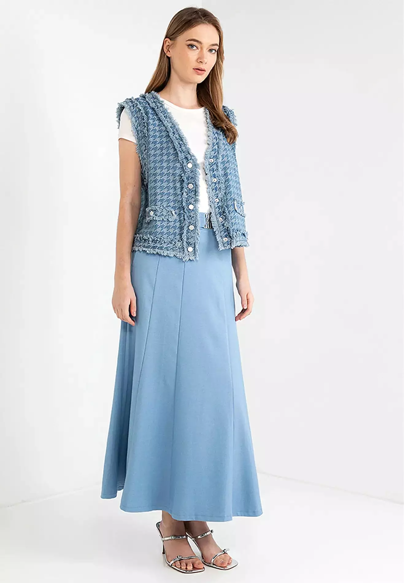 Denim Logo Belted Flare Maxi Skirt