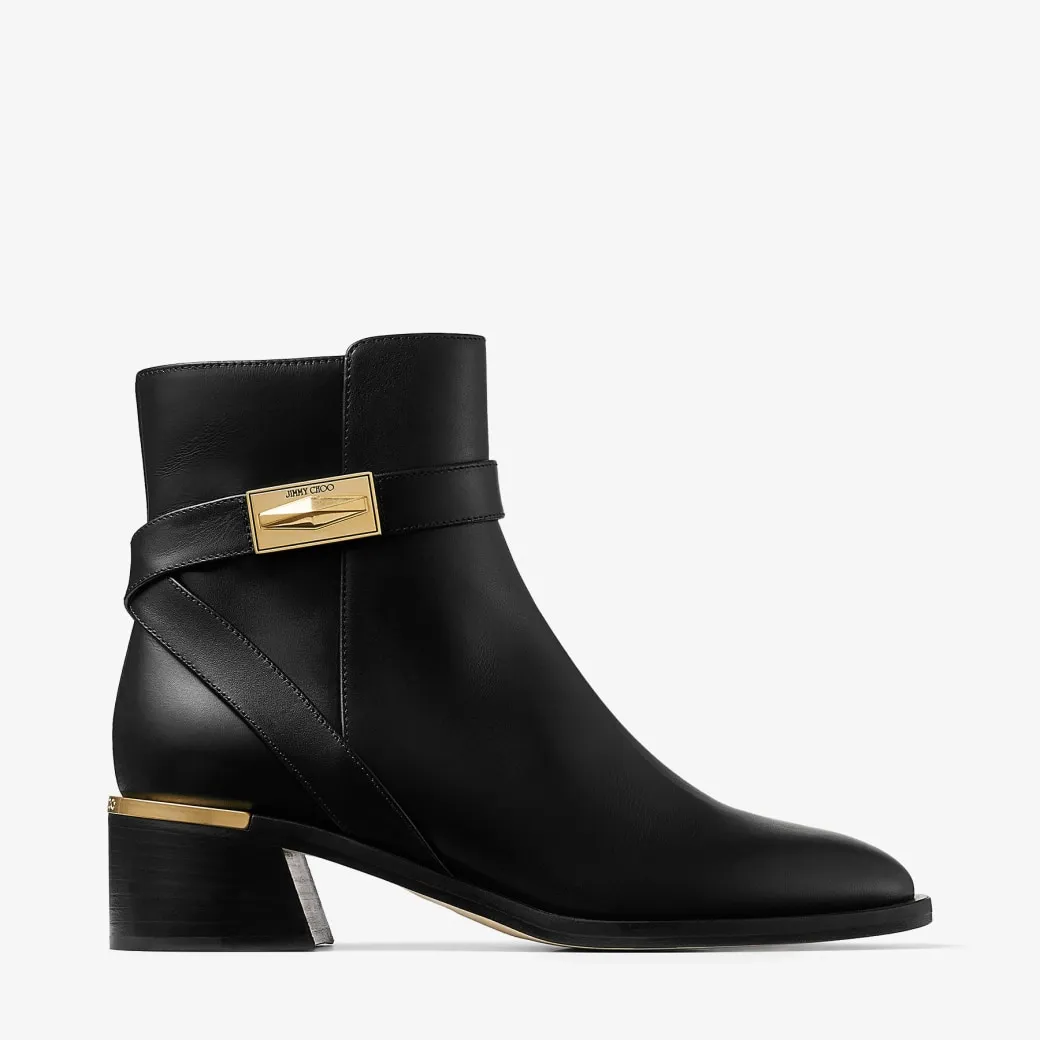 Diantha 45 Black Calf Leather Ankle Boots with Diamond Hardware