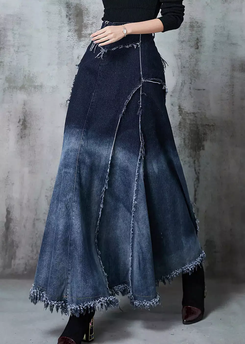 Elegant Gradient Color Patchwork Exra Large Hem Denim Skirt Spring JK1070