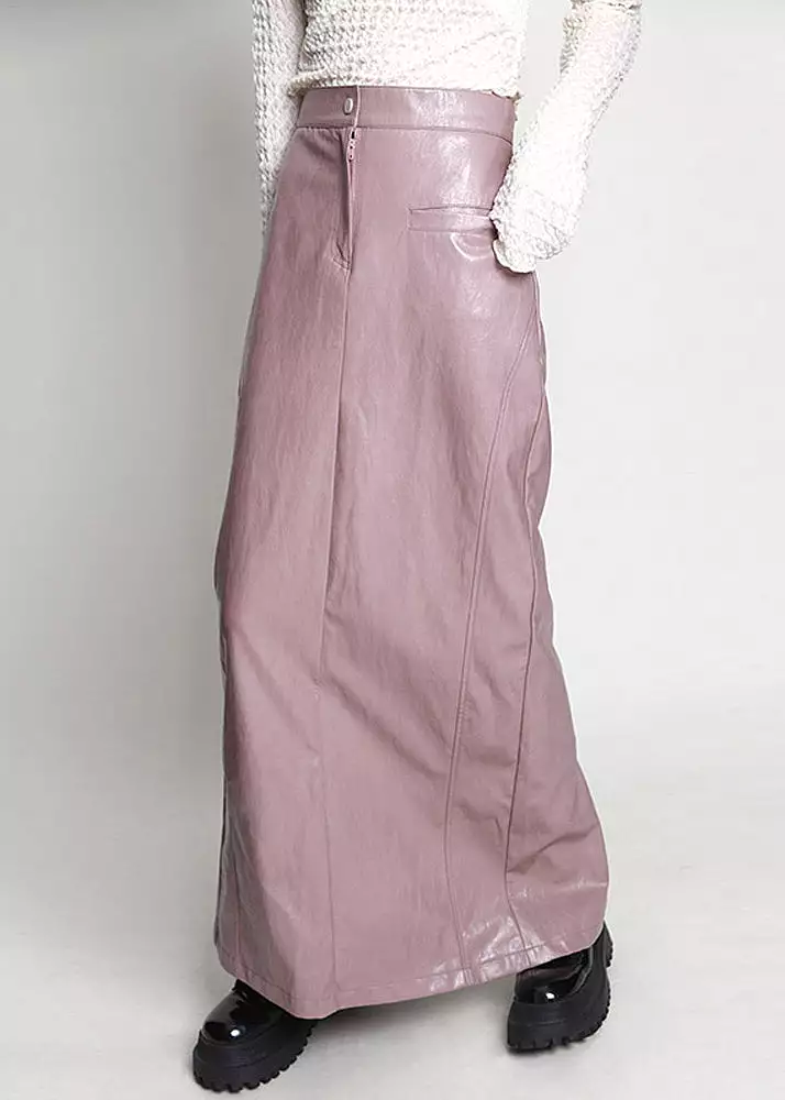 Elegant Pink Side Open High Waist Faux Leather Skirt Spring AB1045