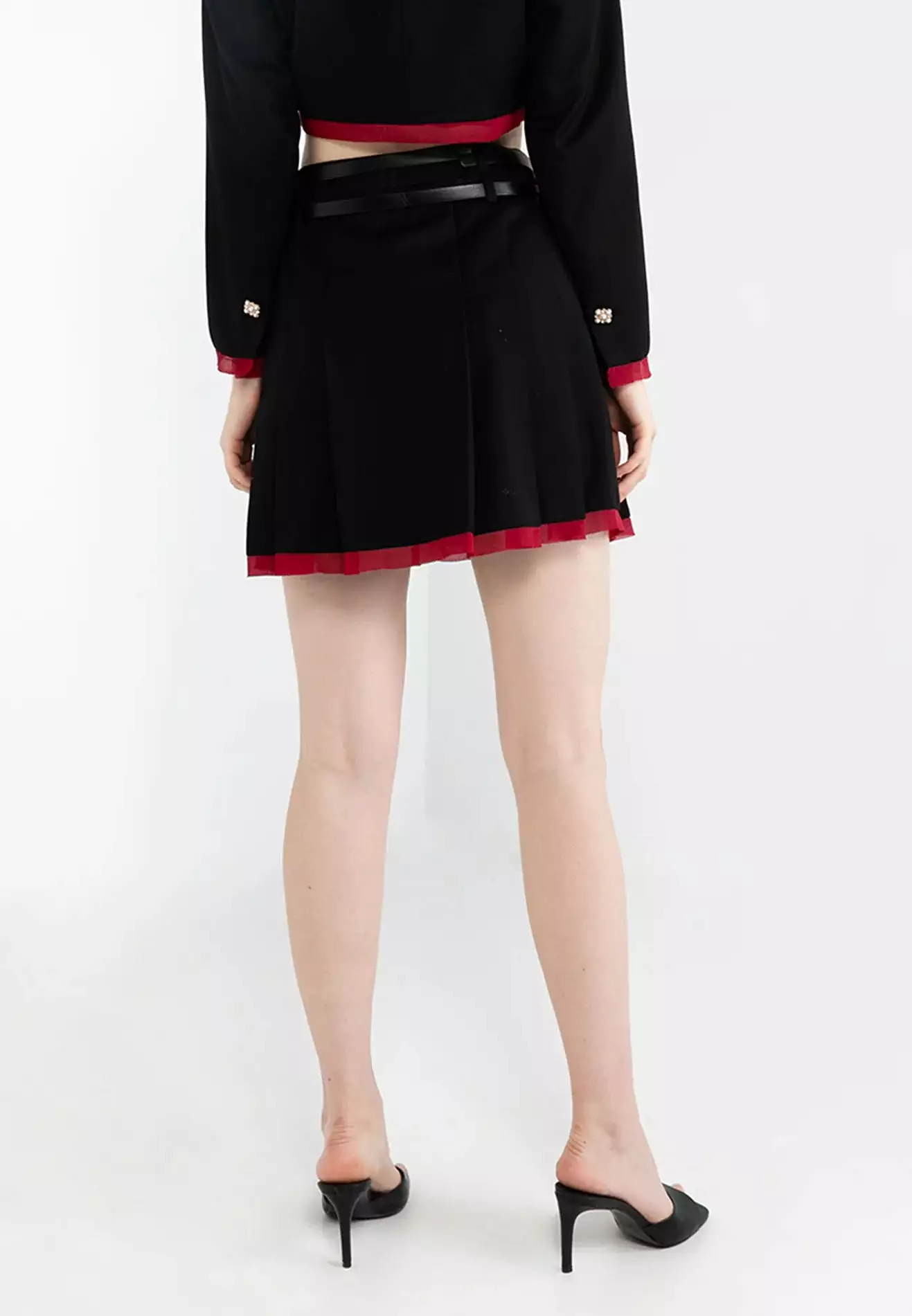 ELLE Apparel Double Belted Pleated Mini Skirt