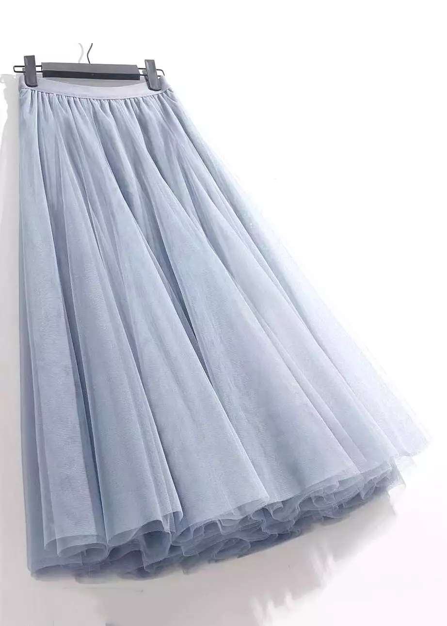 French Haze Blue Elastic Waist Tulle Pleated Skirt Summer AS1084