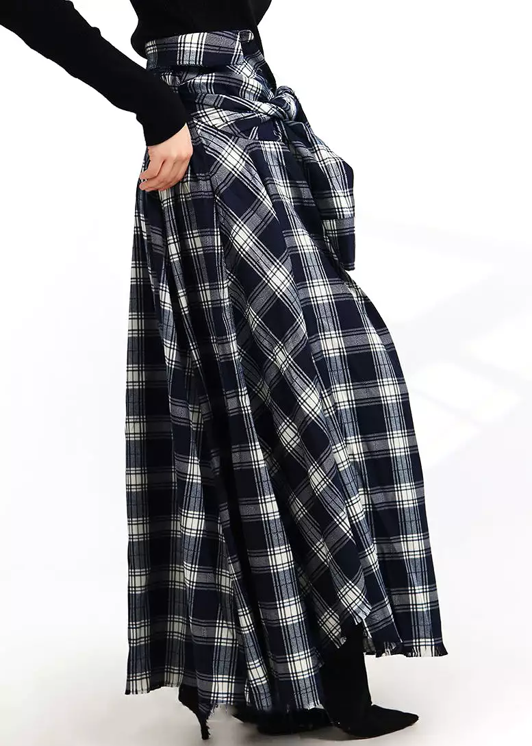 French Plaid Lace Up Button Elastic Waist Cotton Skirt Spring AB1064