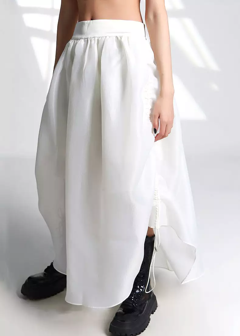 French White Drawstring High Waist Tulle Skirt Summer AS1053