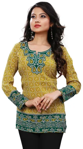 India Tunic Top Long  Kurti Womens Printed Indian Clothing (Gold)