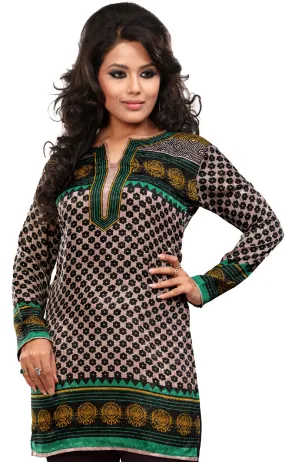 India Tunic Top Short Kurti Women's Printed Indian Clothing (Green)