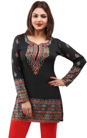 India Women's Tunic Top Kurti Printed Indian Clothing (Black)