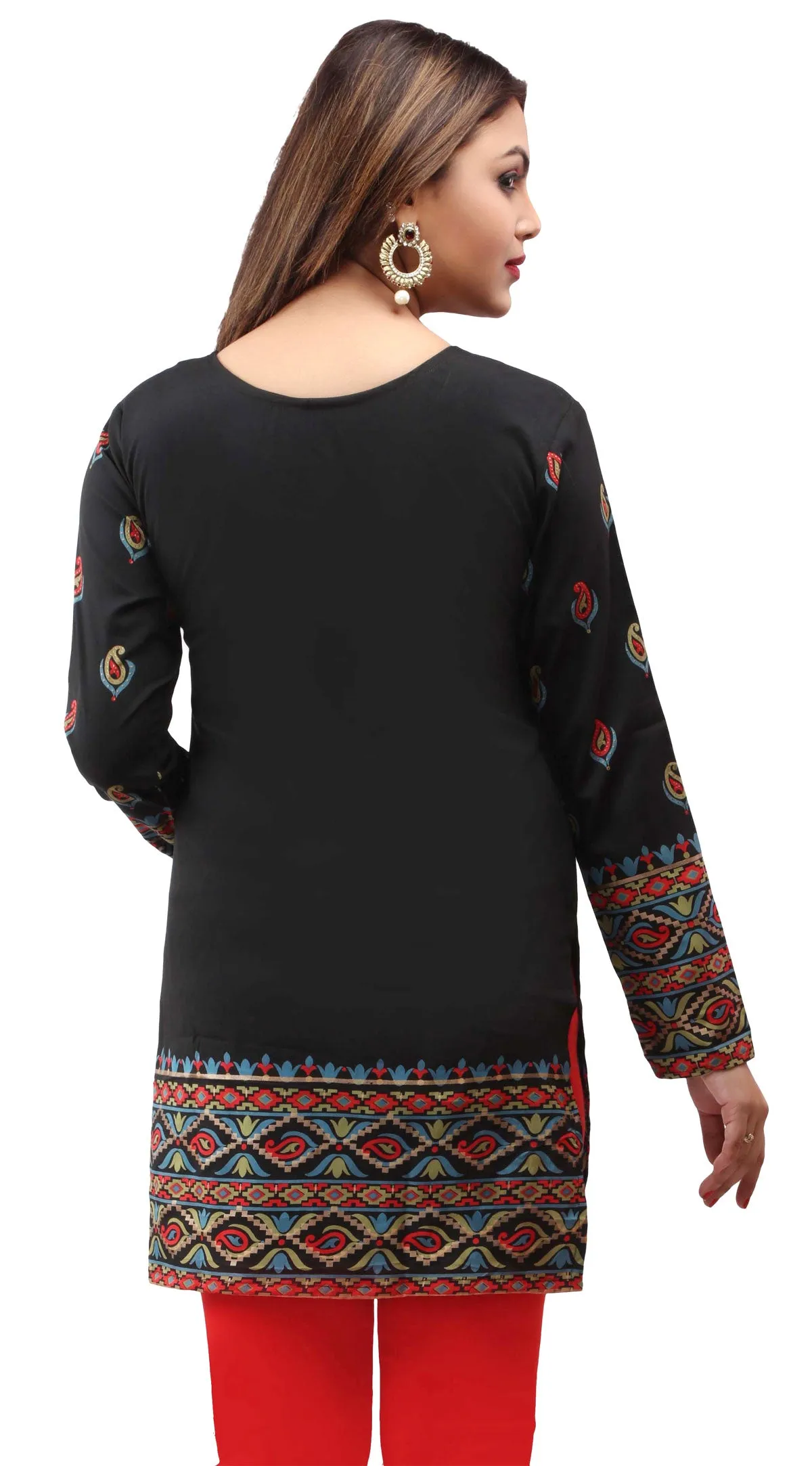 India Women's Tunic Top Kurti Printed Indian Clothing (Black)