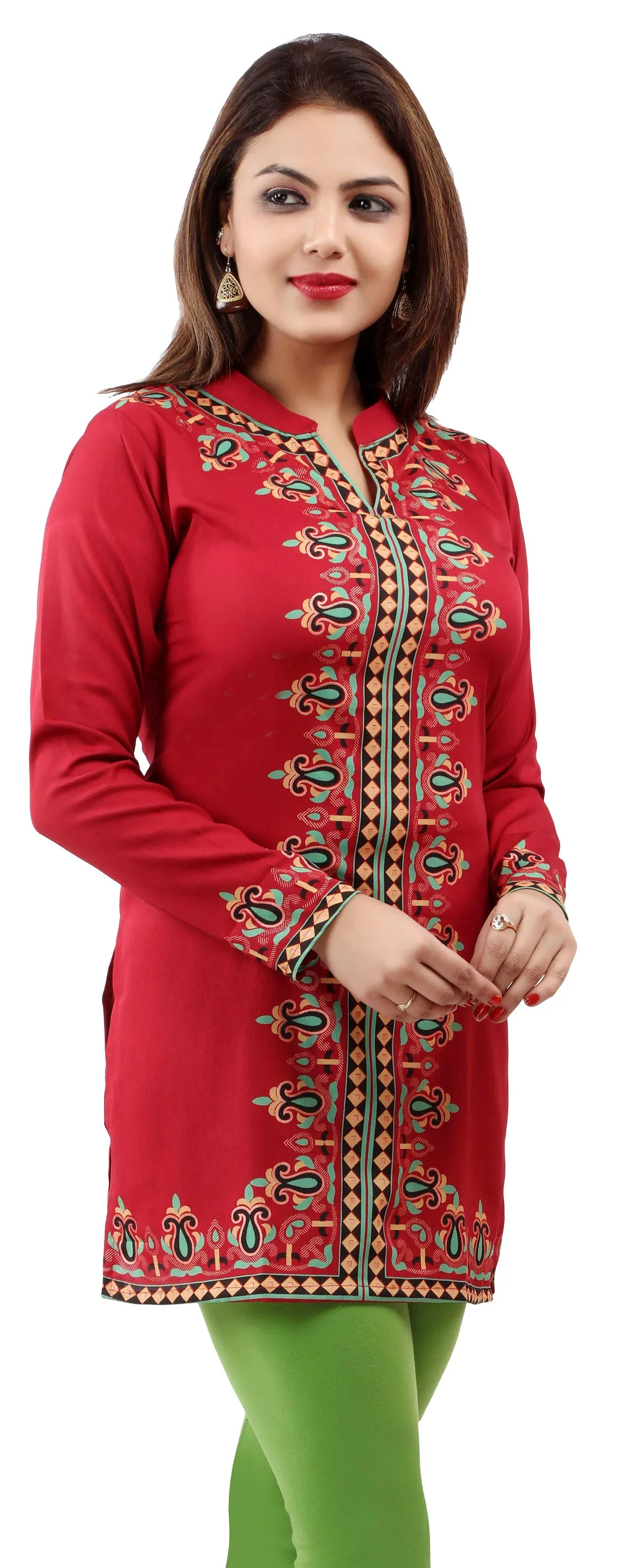 India Women's Tunic Top Kurti Printed Indian Clothing (Red)