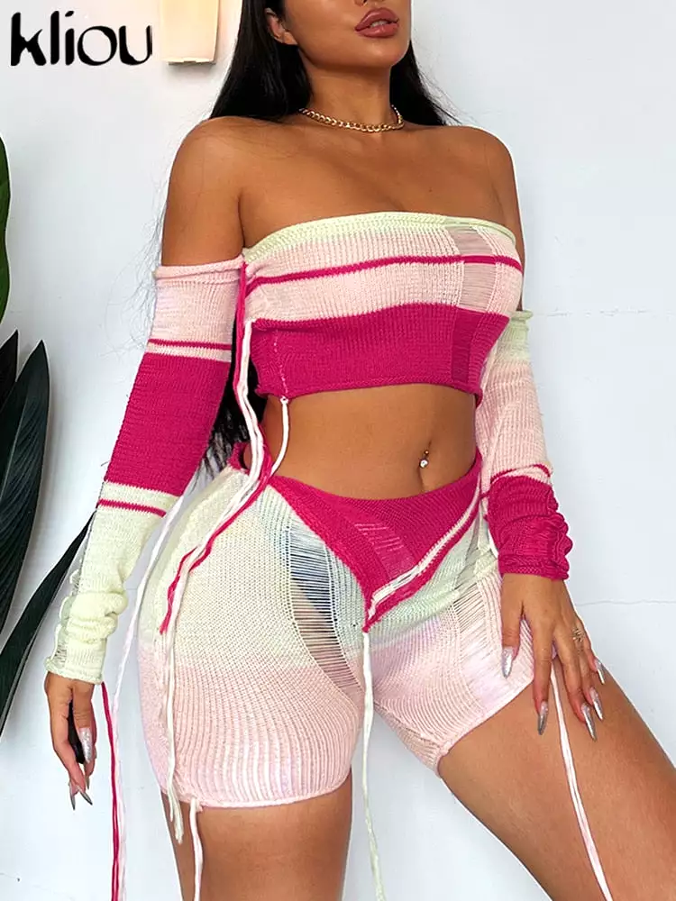 Knitted Panelled Two Piece Set Women Concise Slash Neck Ribbons Full Sleeve Wrapped Chest+Stacked Matching Shorts Outfits