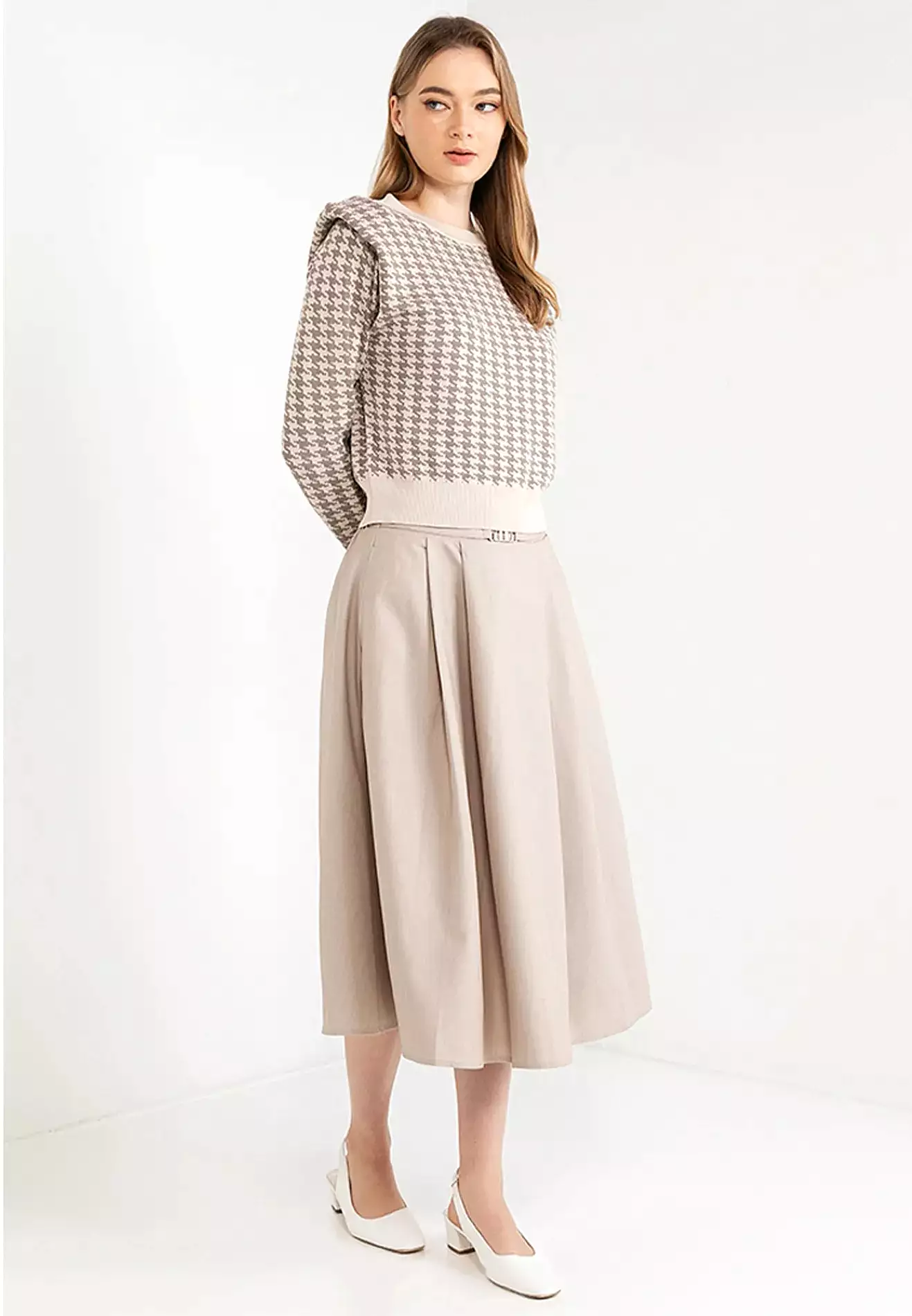 Logo Belted Pleated Midi Skirt