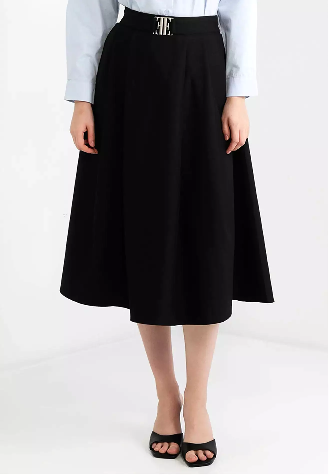 Logo Belted Pleated Midi Skirt