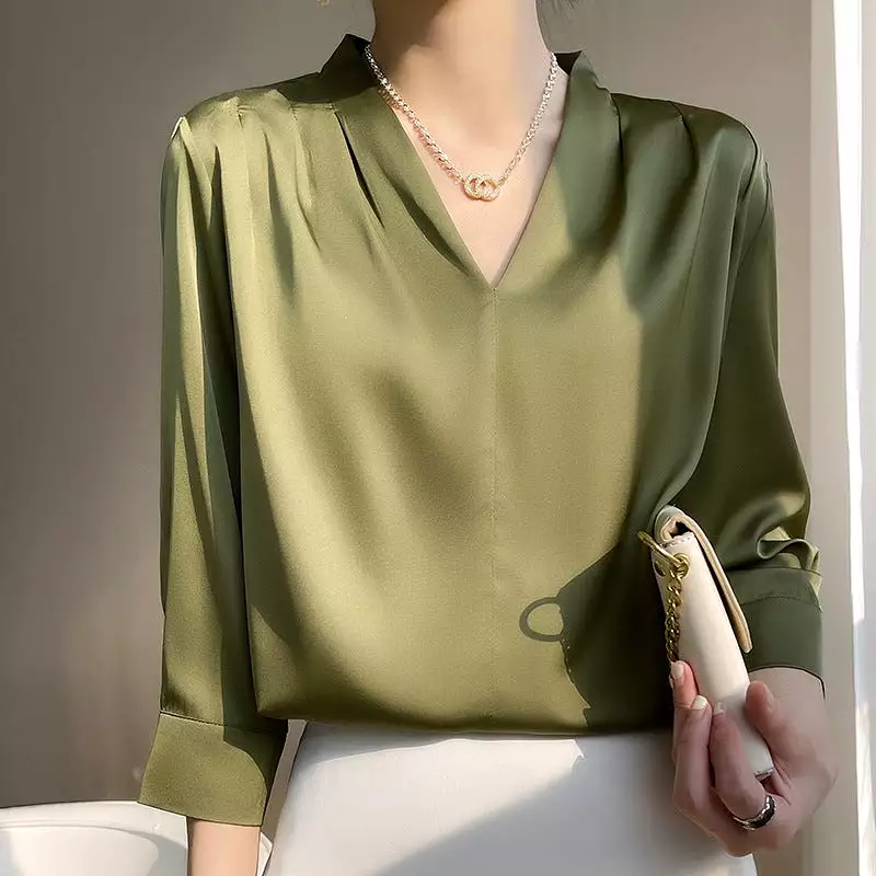 Long-sleeved silk top satin chiffon V-neck shirt for women