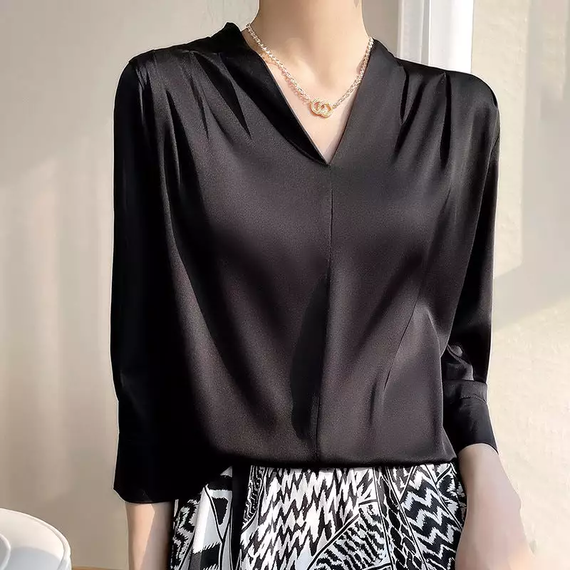 Long-sleeved silk top satin chiffon V-neck shirt for women