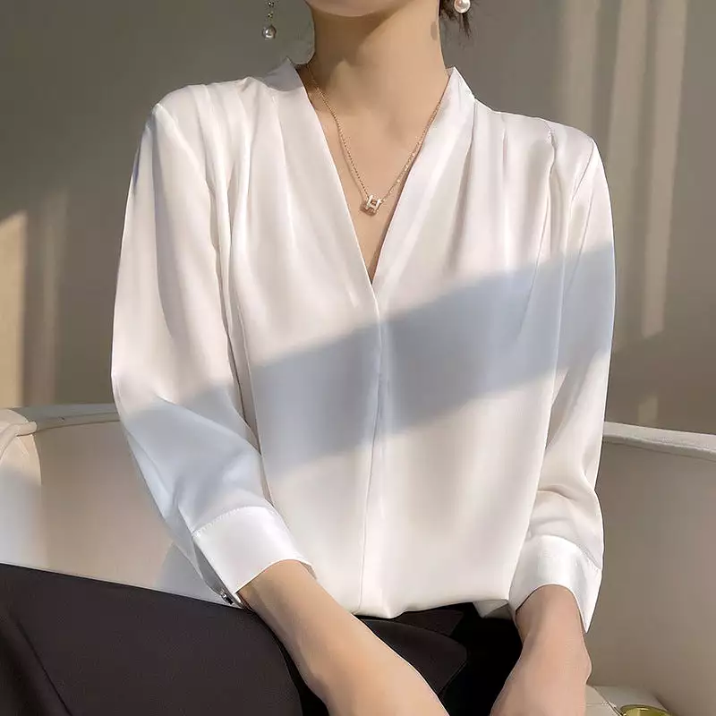 Long-sleeved silk top satin chiffon V-neck shirt for women