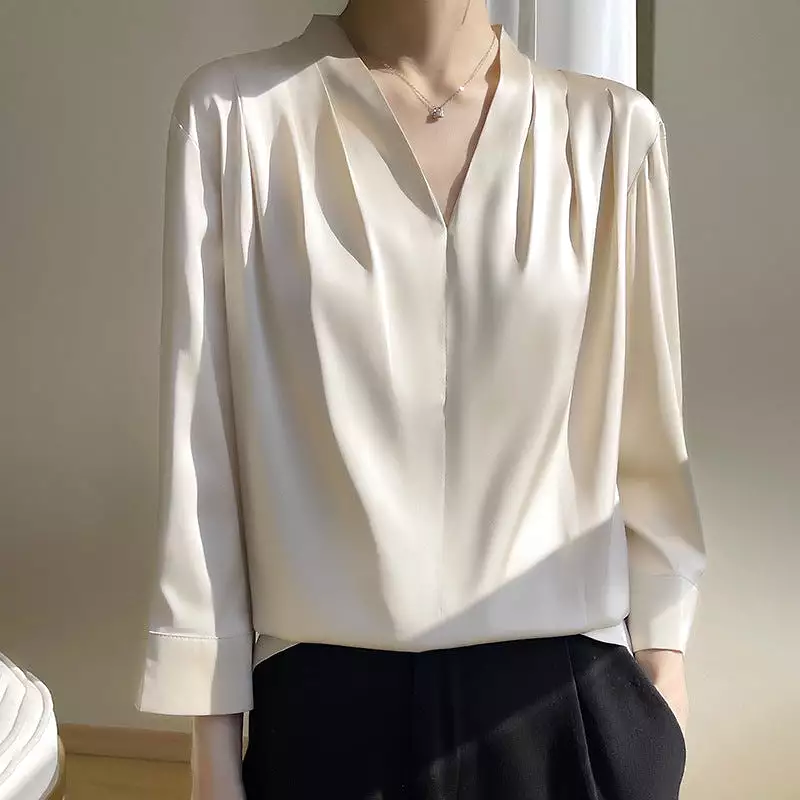 Long-sleeved silk top satin chiffon V-neck shirt for women