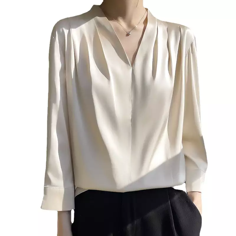 Long-sleeved silk top satin chiffon V-neck shirt for women