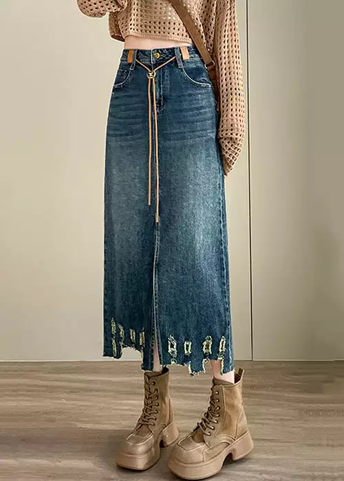 Loose Blue Hole Pockets High Waist Denim Skirt Spring AB1061