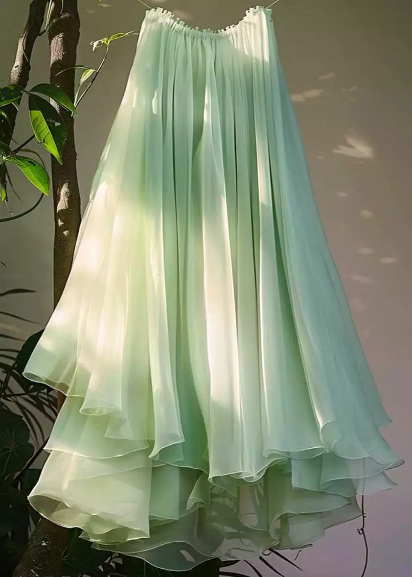 New Green Asymmetrical Elastic Waist Chiffon Pleated Skirt Summer AB1011