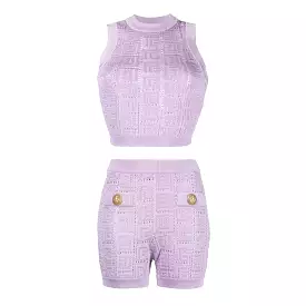 New Summer Women See-through Holes Geometrical Pattern Sleeveless Crop Top Slim Shorts 2PCS Knitted Sets Cool Fabric