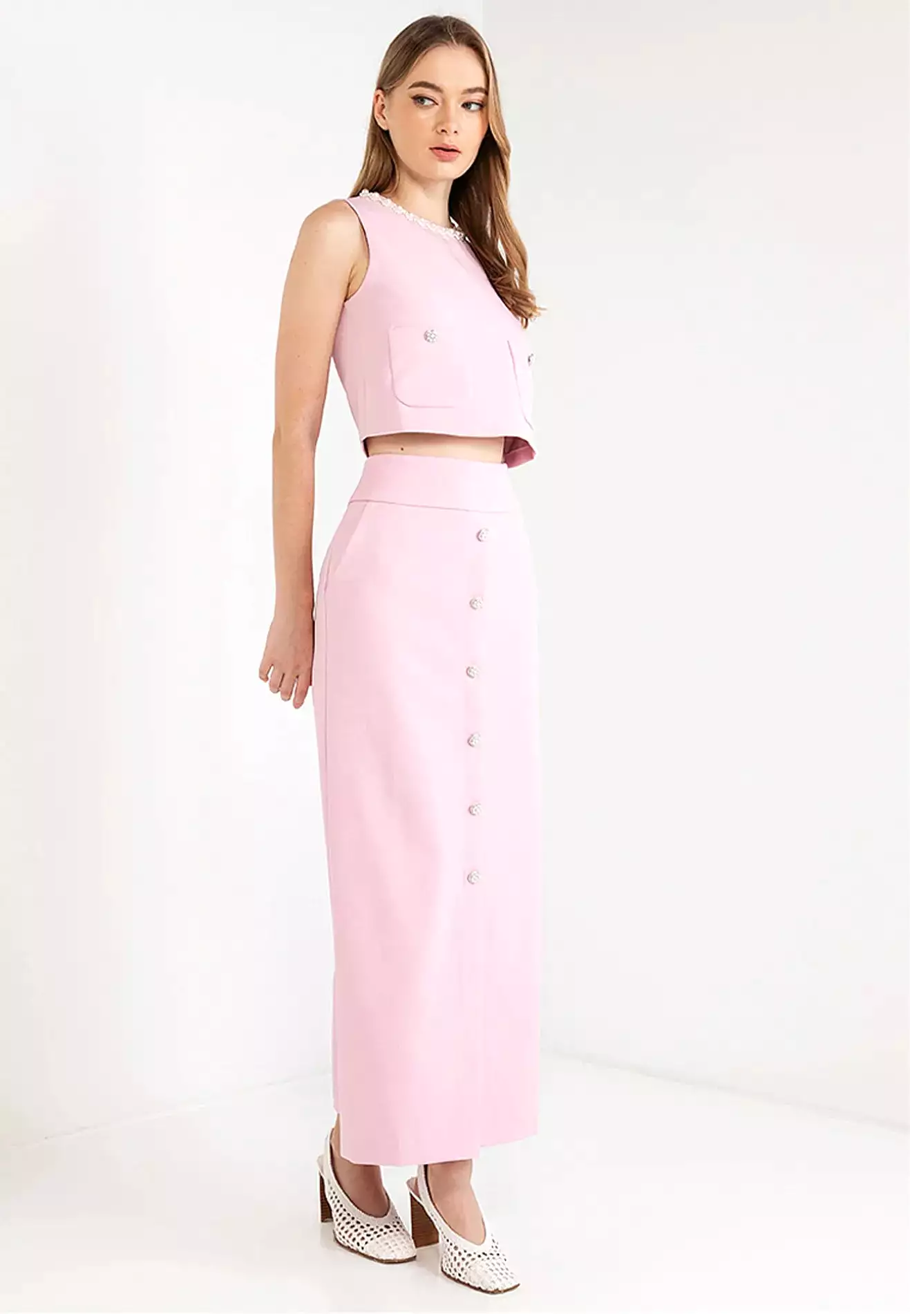 Pearl Buttons Detail Maxi Pencil Skirt