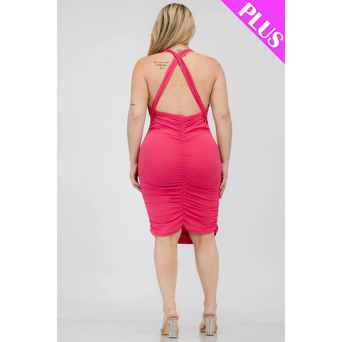 Plus size plunging neck crisscross back ruched bodycon dress