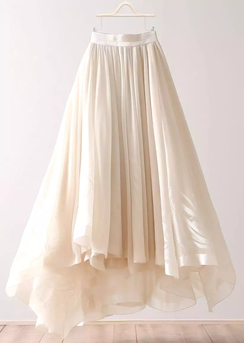 Simple Beige Asymmetrical Wrinkled Elastic Waist Chiffon Skirt Summer AB1013