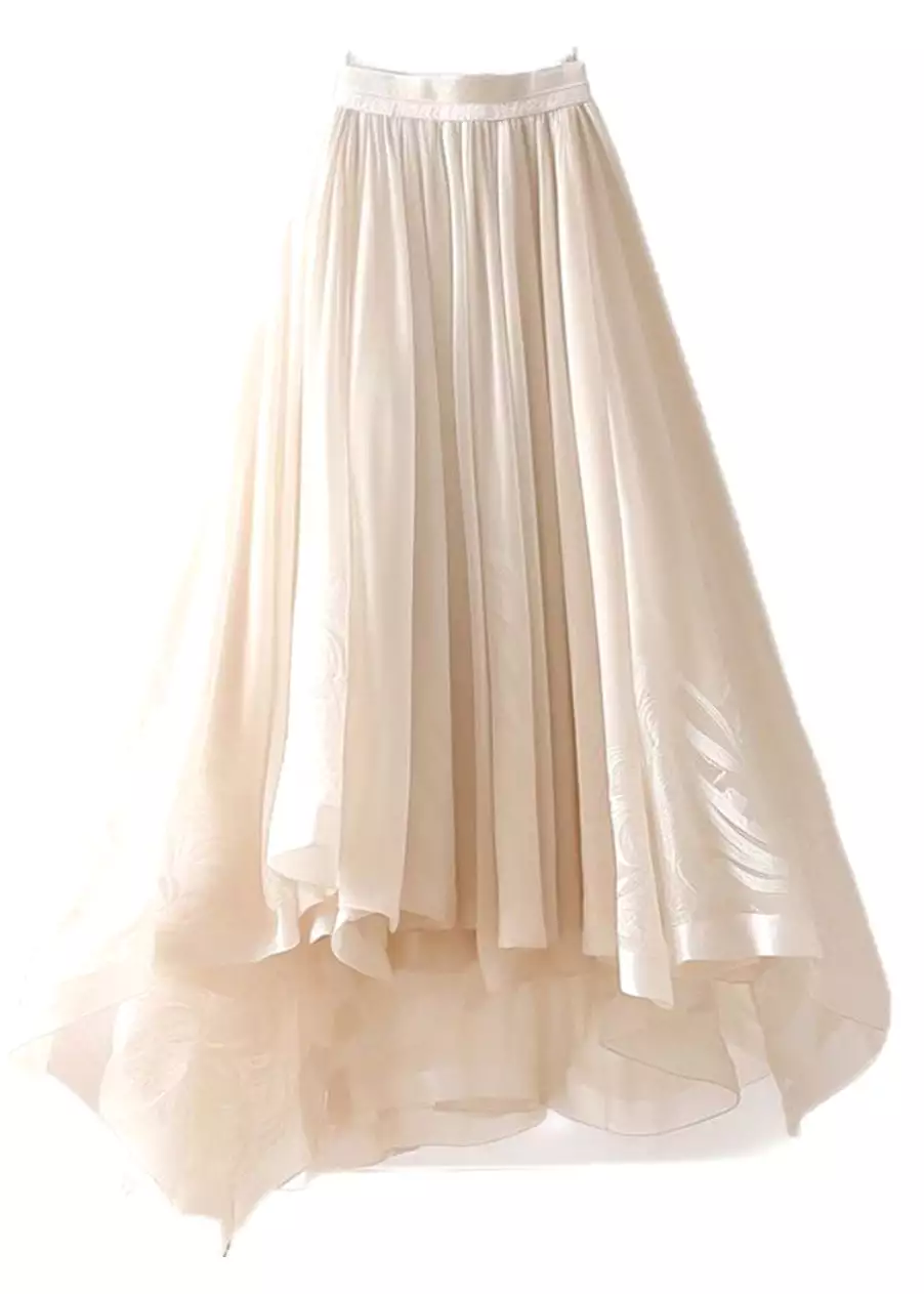 Simple Beige Asymmetrical Wrinkled Elastic Waist Chiffon Skirt Summer AB1013