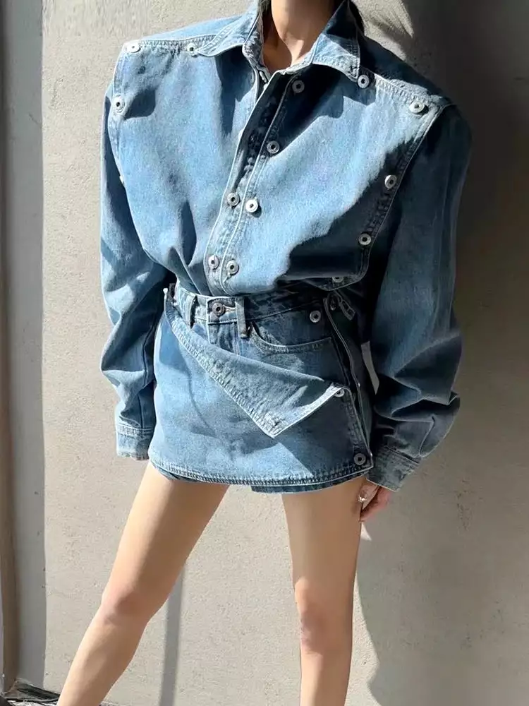 Spring Denim Ladies 2 Pieces Set Long Sleeve Double Breasted Jean Jackets & Mini Shorts Skirt Vintage Women Denim Set