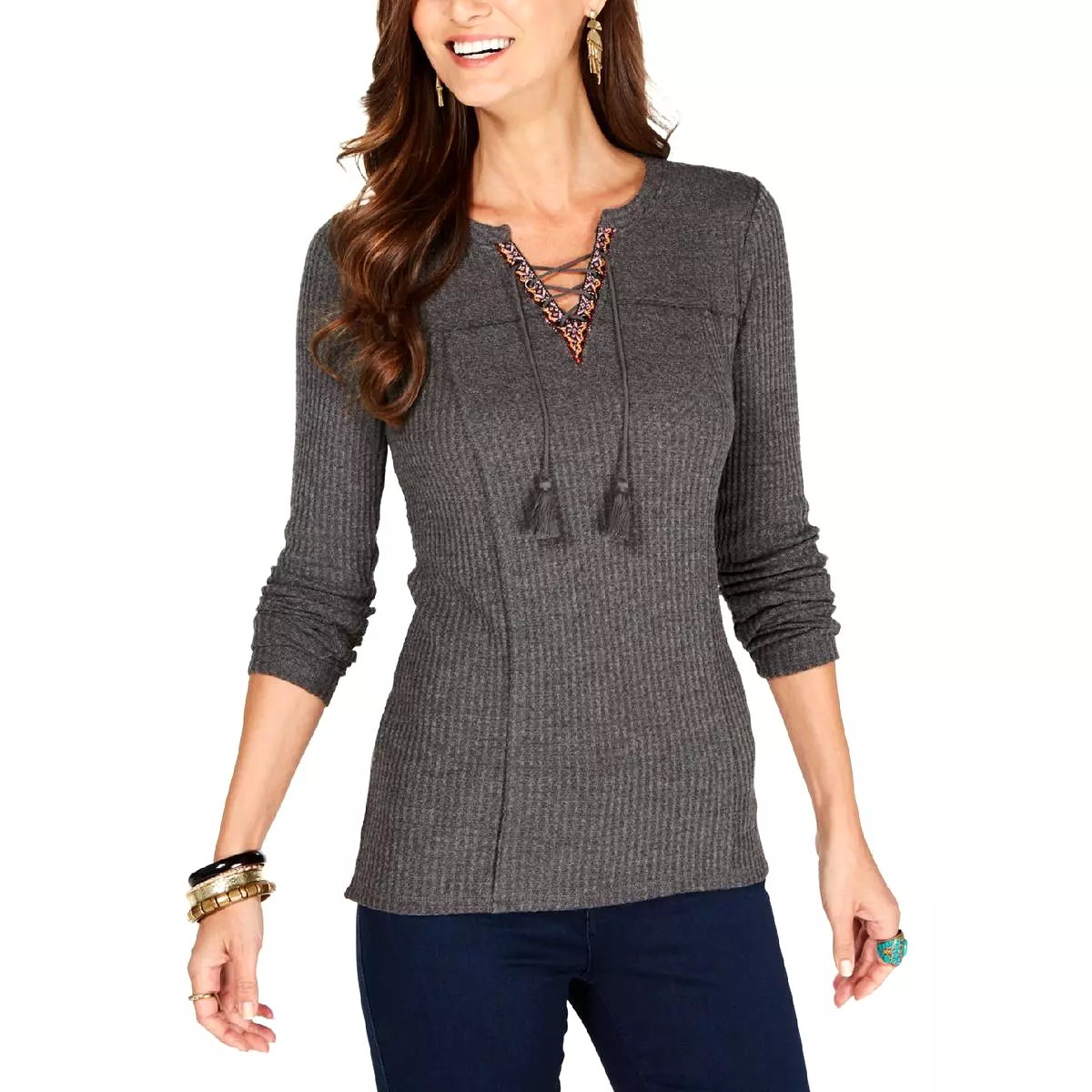 Style & Co. Womens Thermal Lace-Up Thermal Top