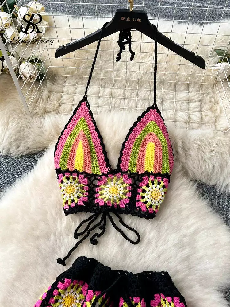 Summer Hollow Out Beach Suits Women Strap Halter Sexy Top+Mini Shorts Fashion Floral Knitted Bohemian Two Pieces Sets