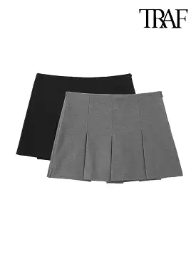 TRAF Women Fashion With Pleated Shorts Skirts Vintage High Waist Side Zipper Female Skort Mujer