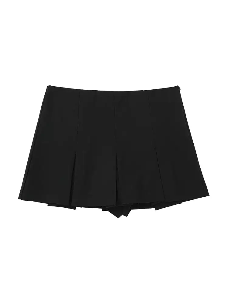 TRAF Women Fashion With Pleated Shorts Skirts Vintage High Waist Side Zipper Female Skort Mujer