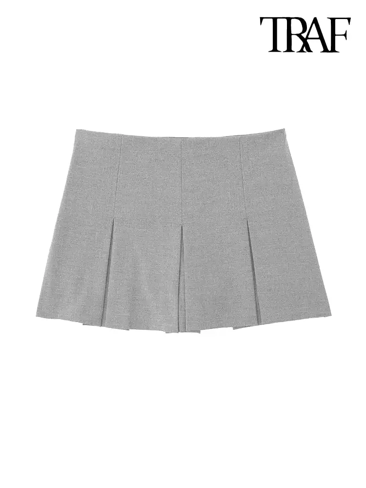 TRAF Women Fashion With Pleated Shorts Skirts Vintage High Waist Side Zipper Female Skort Mujer