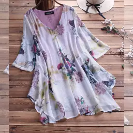 V-neck floral cotton and linen women's shirt tops