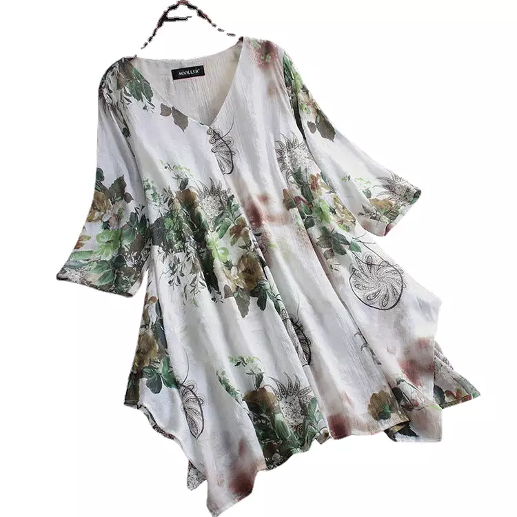 V-neck floral cotton and linen women's shirt tops