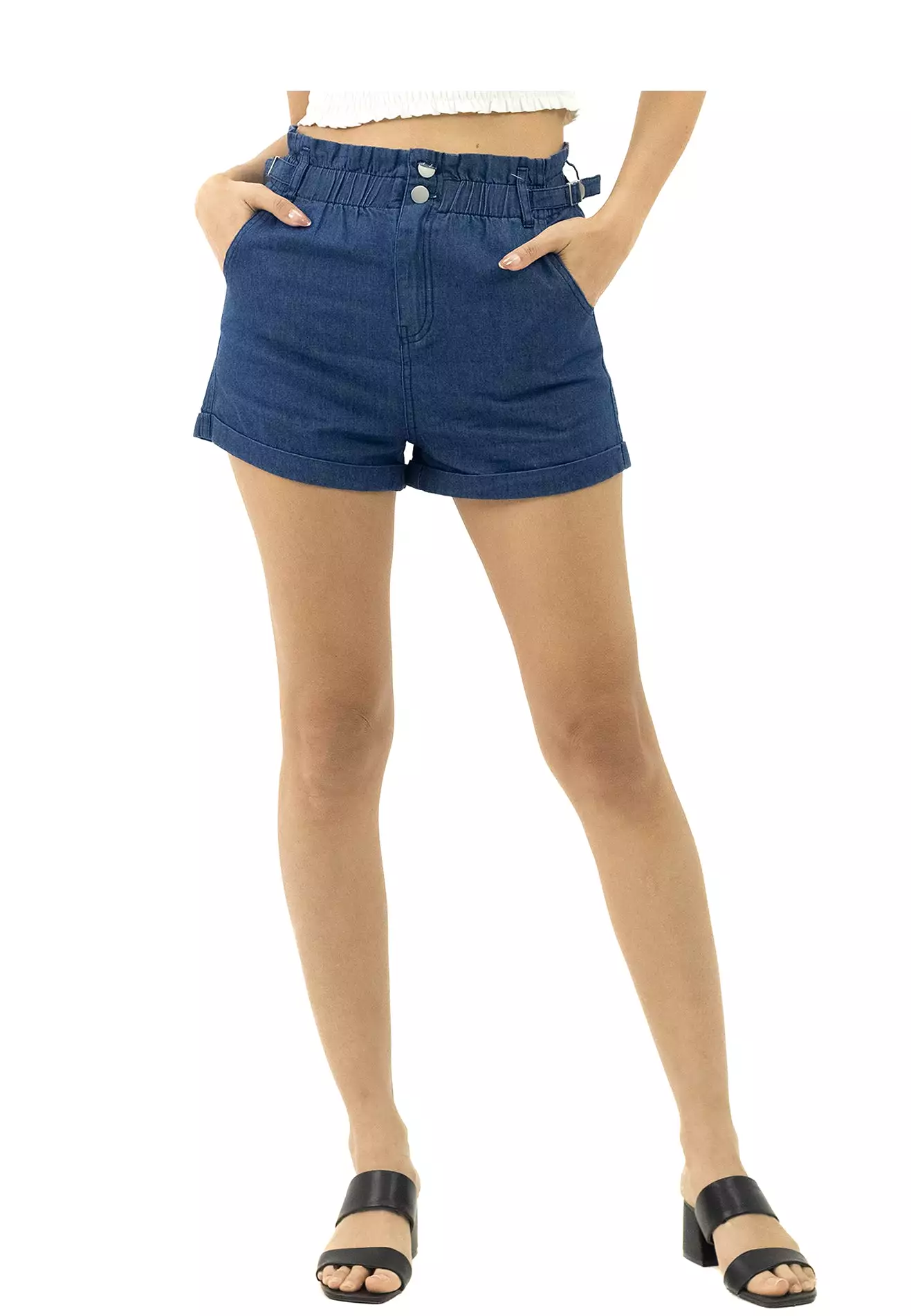 VOIR JEANS Elastic Roll-Up Denim Shorts