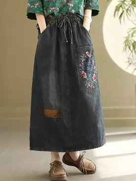 Women Artsy Flower Embroidery Denim Skirt CO1053