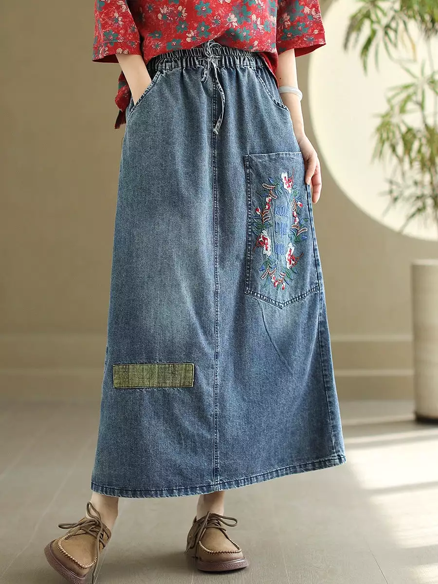 Women Artsy Flower Embroidery Denim Skirt PA1009