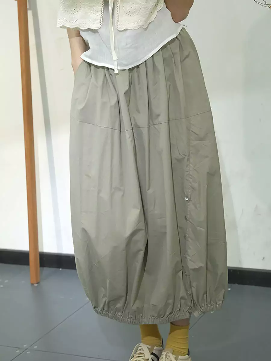 Women Artsy Solid Summer Button Cotton Skirt KL1017