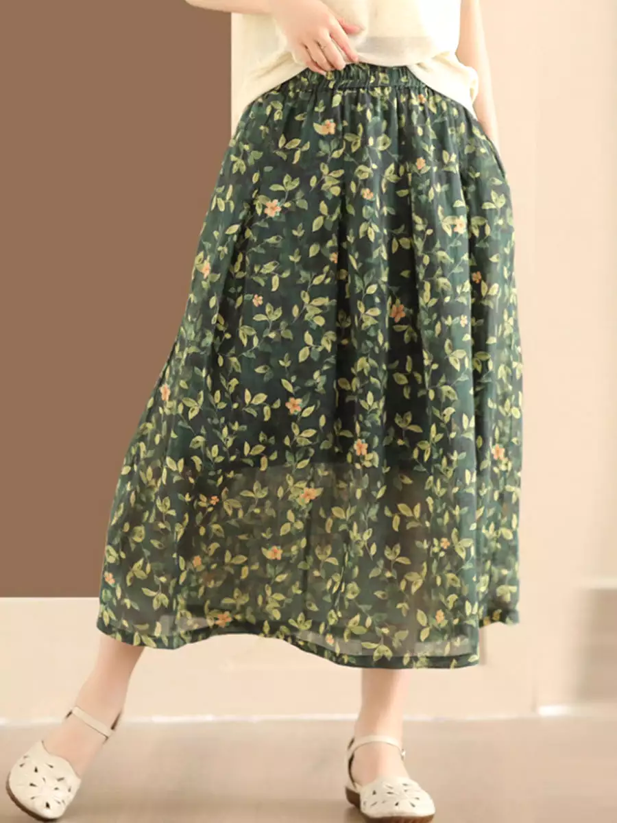 Women Artsy Summer Flower Ramie A-shape Skirt CO1025